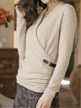 Soft Surroundings luxe cashmere crossover wrap sweater in beige